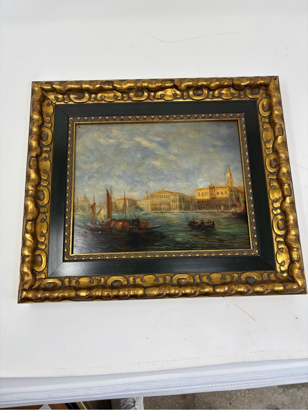 Antique Style Harbor Scene Painting sailboats And Figures Signed “Vichy”
